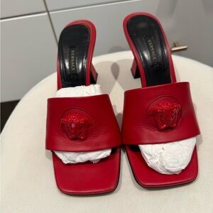 Versace Red Heels with Square Toe and Chunky Heel